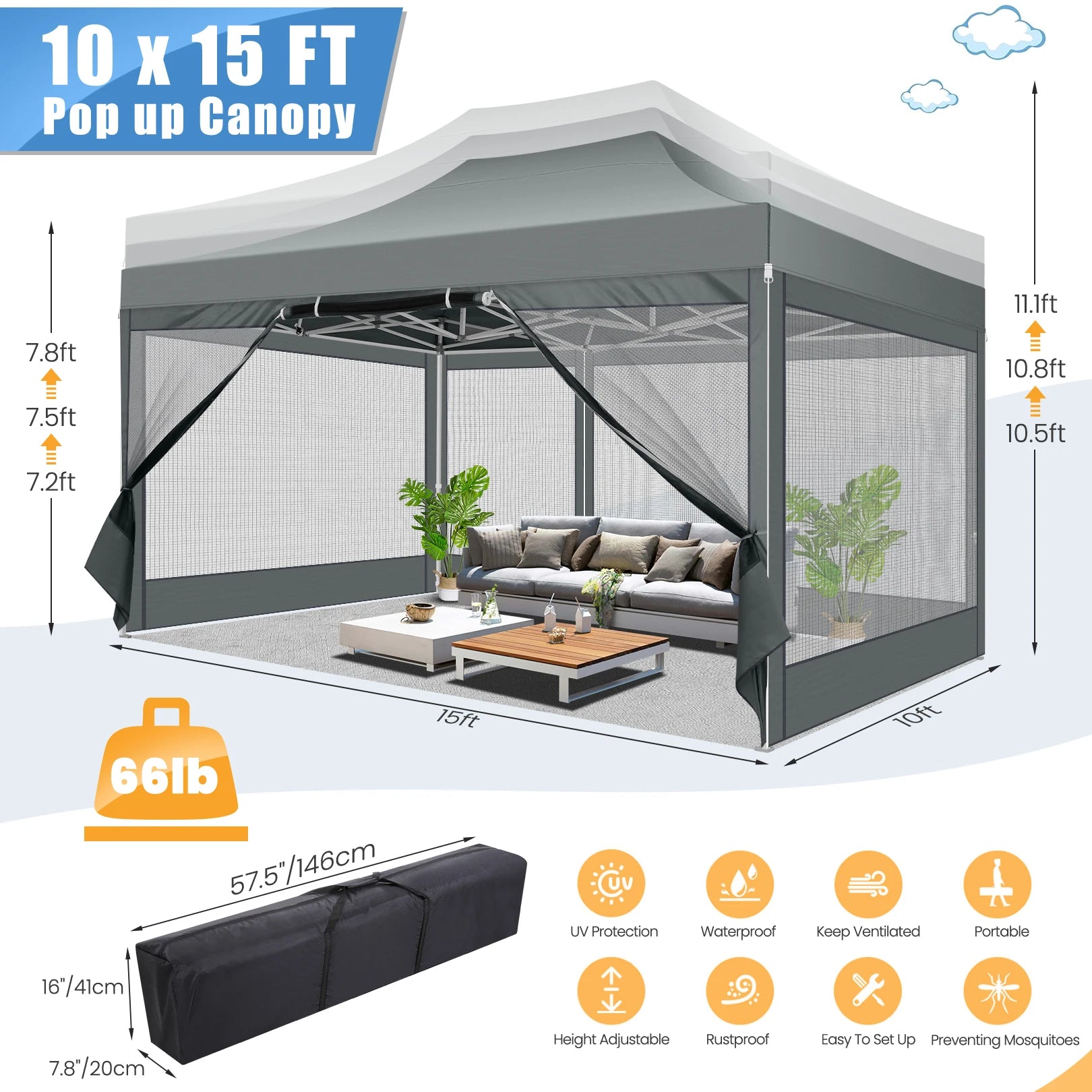 10x15 FT Heavy Duty Pop Up Canopy with 4 Sidewalls