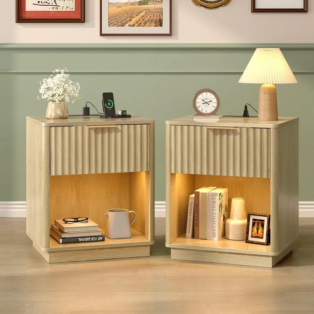 Black Nightstands Set of 2 with Fabric Drawers, Fluted Nightstands with Charging Station, Night Stand Set of 2, Small Bedside Ta