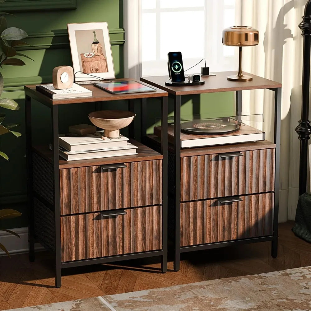 Black Nightstands Set of 2 with Fabric Drawers, Fluted Nightstands with Charging Station, Night Stand Set of 2, Small Bedside Ta