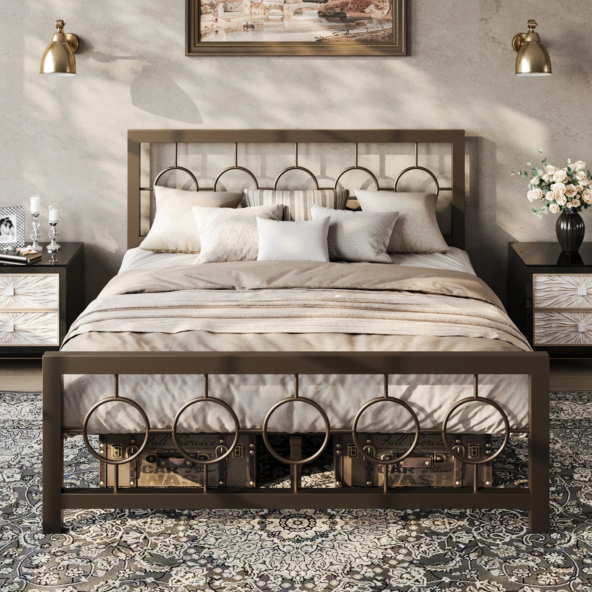 Metal Platform Bed Frame with Vintage Circular Design