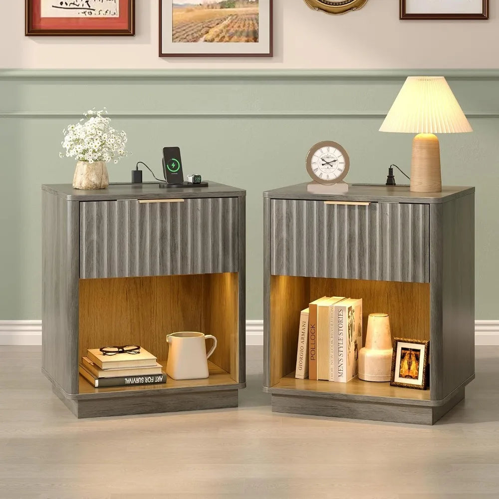 Black Nightstands Set of 2 with Fabric Drawers, Fluted Nightstands with Charging Station, Night Stand Set of 2, Small Bedside Ta