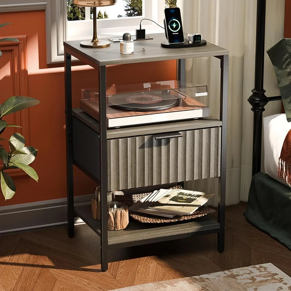 Black Nightstands Set of 2 with Fabric Drawers, Fluted Nightstands with Charging Station, Night Stand Set of 2, Small Bedside Ta