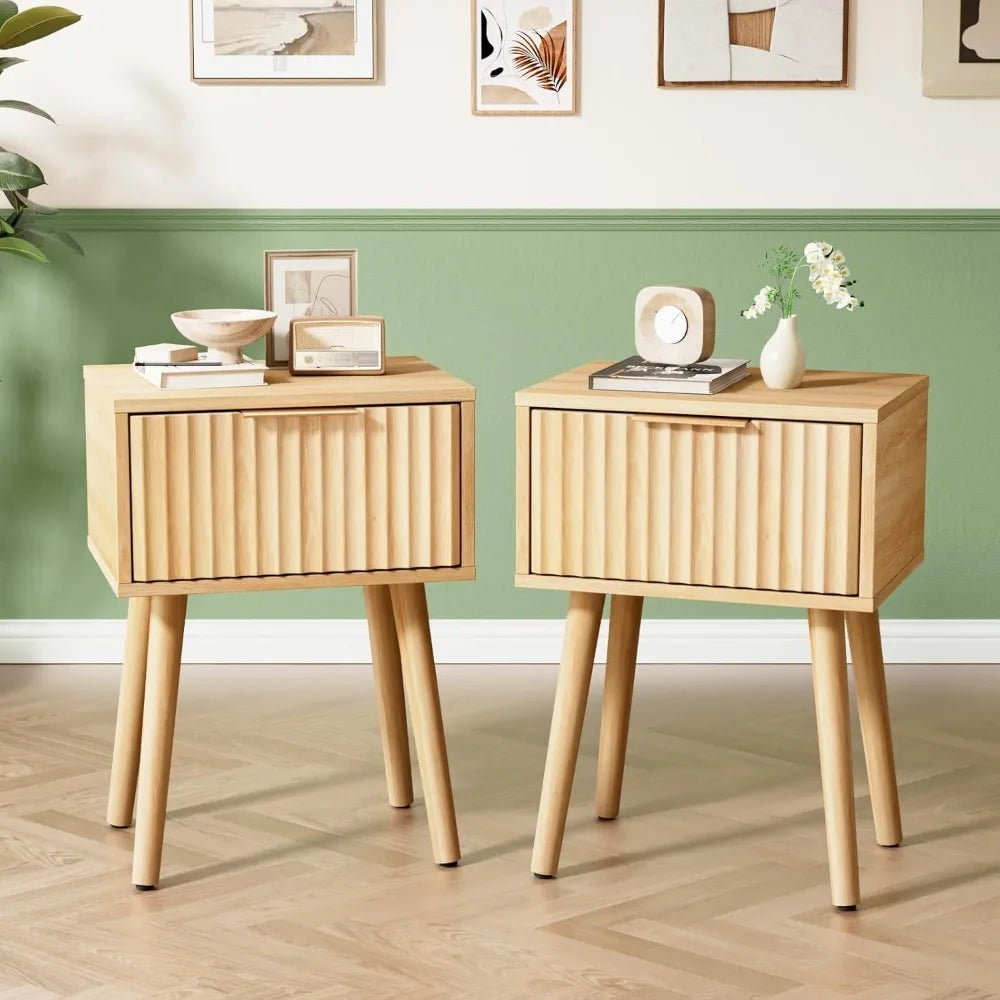 Black Nightstands Set of 2 with Fabric Drawers, Fluted Nightstands with Charging Station, Night Stand Set of 2, Small Bedside Ta