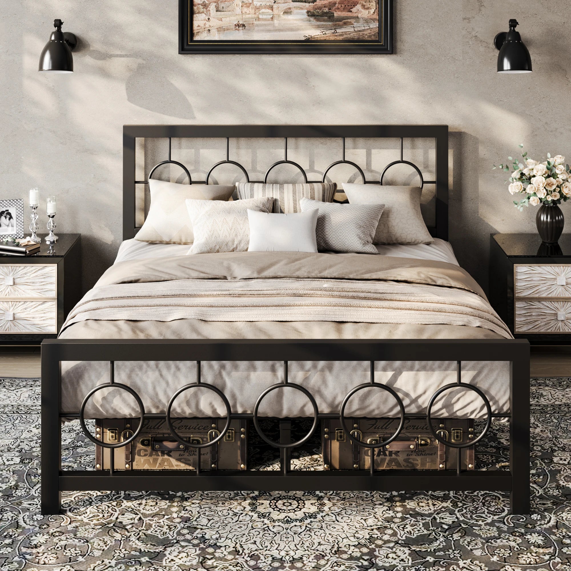 Metal Platform Bed Frame with Vintage Circular Design