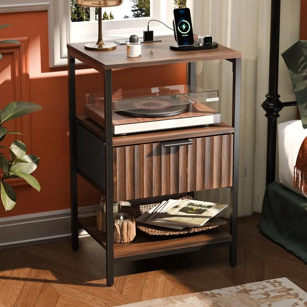 Black Nightstands Set of 2 with Fabric Drawers, Fluted Nightstands with Charging Station, Night Stand Set of 2, Small Bedside Ta