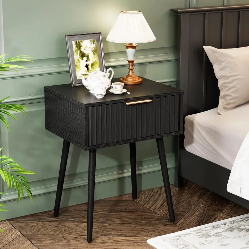 Black Nightstands Set of 2 with Fabric Drawers, Fluted Nightstands with Charging Station, Night Stand Set of 2, Small Bedside Ta