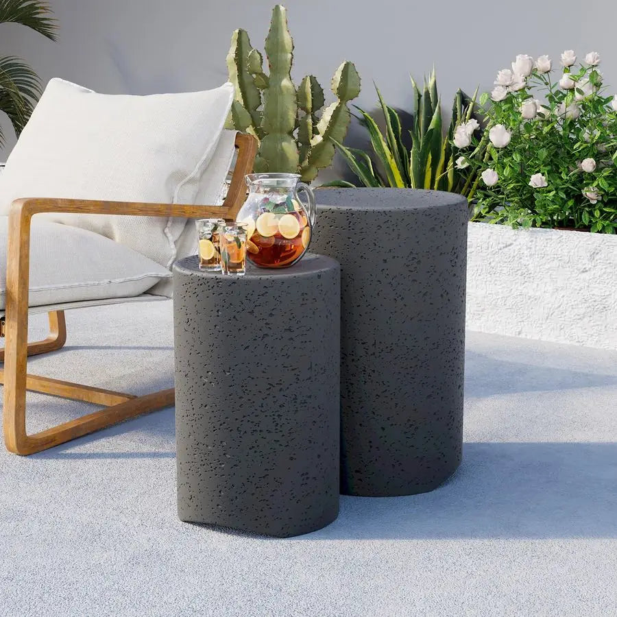 Concrete Outdoor Side Table, Set of 2 Round End Tables