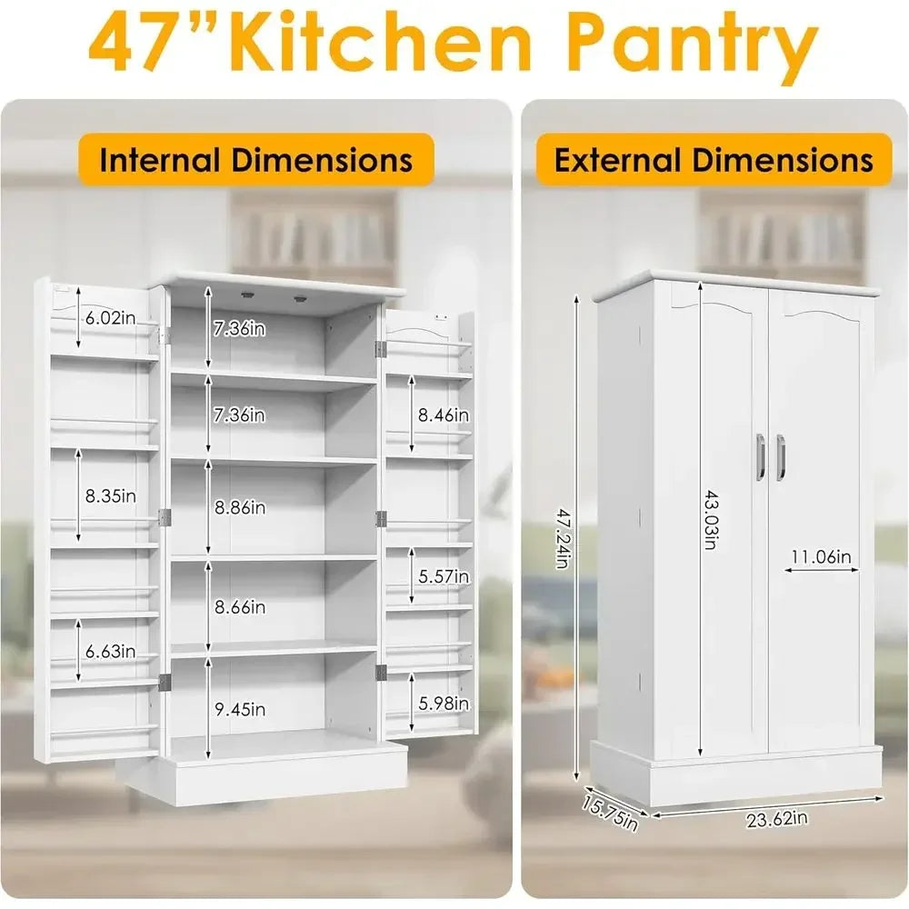 White Freestanding Kitchen Pantry Cabinet with Adjustable Shelves