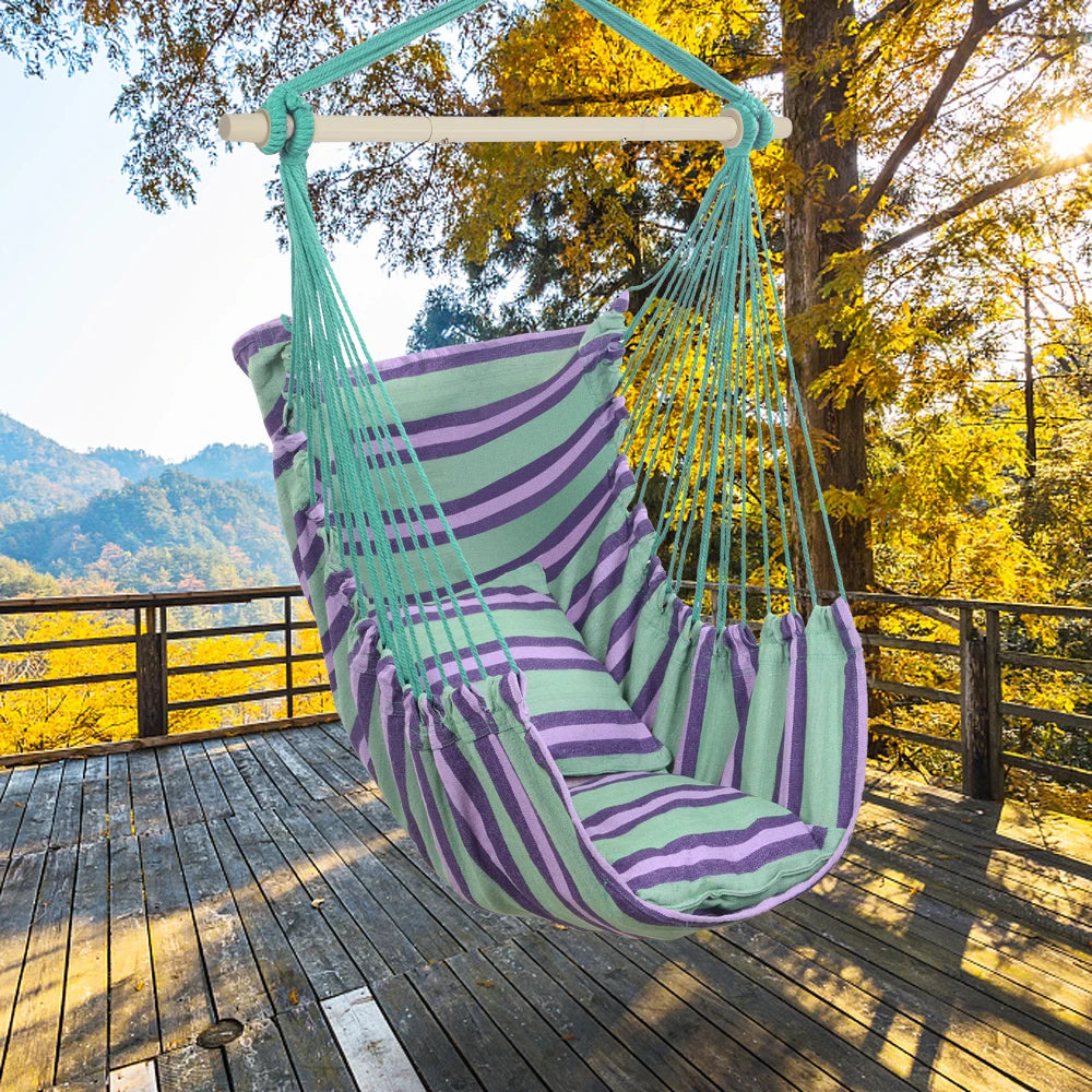 Hanging Rope Chair Polyester Cotton with 2 Soft Pillows Green