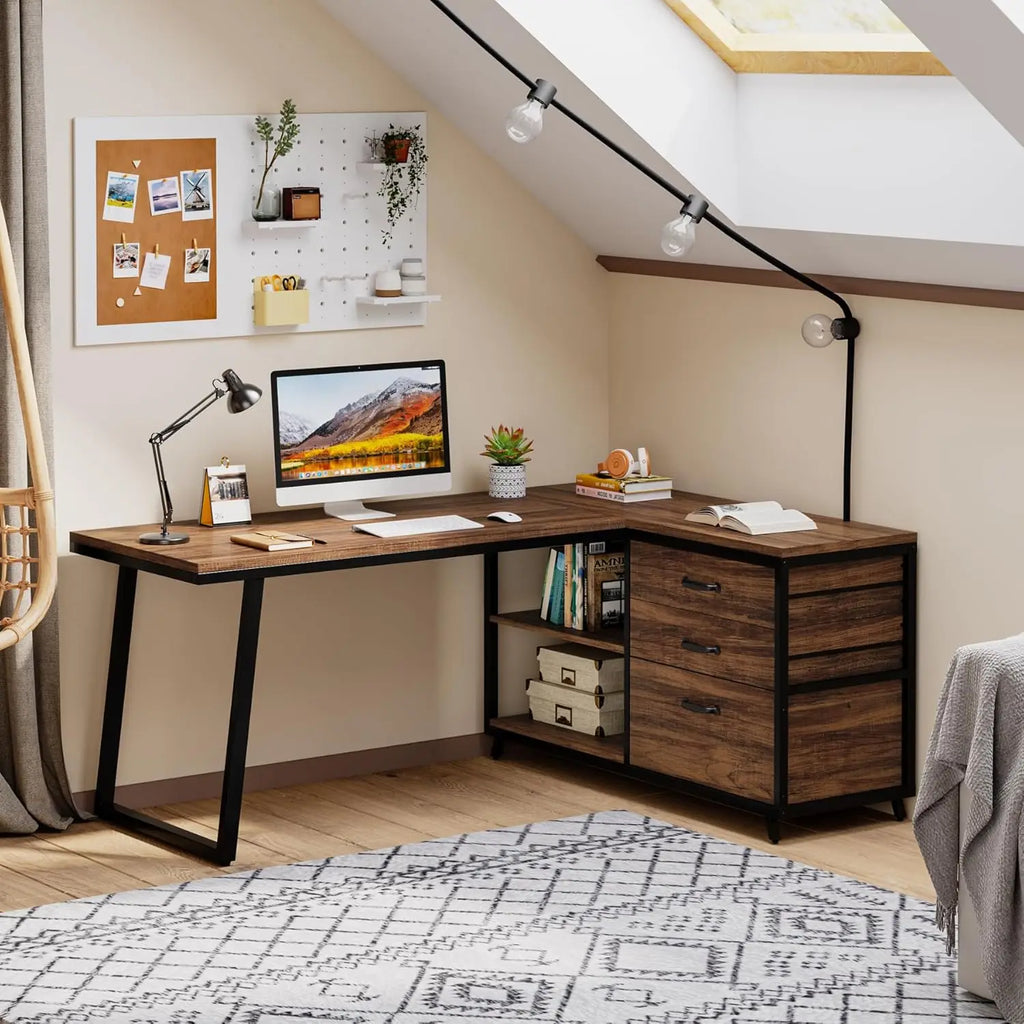 L-Shaped Computer Desk with 3 Drawers,Home Office Desk with Shelves, 53-Inch Industrial PC Desk for Small Space, Rustic Brown