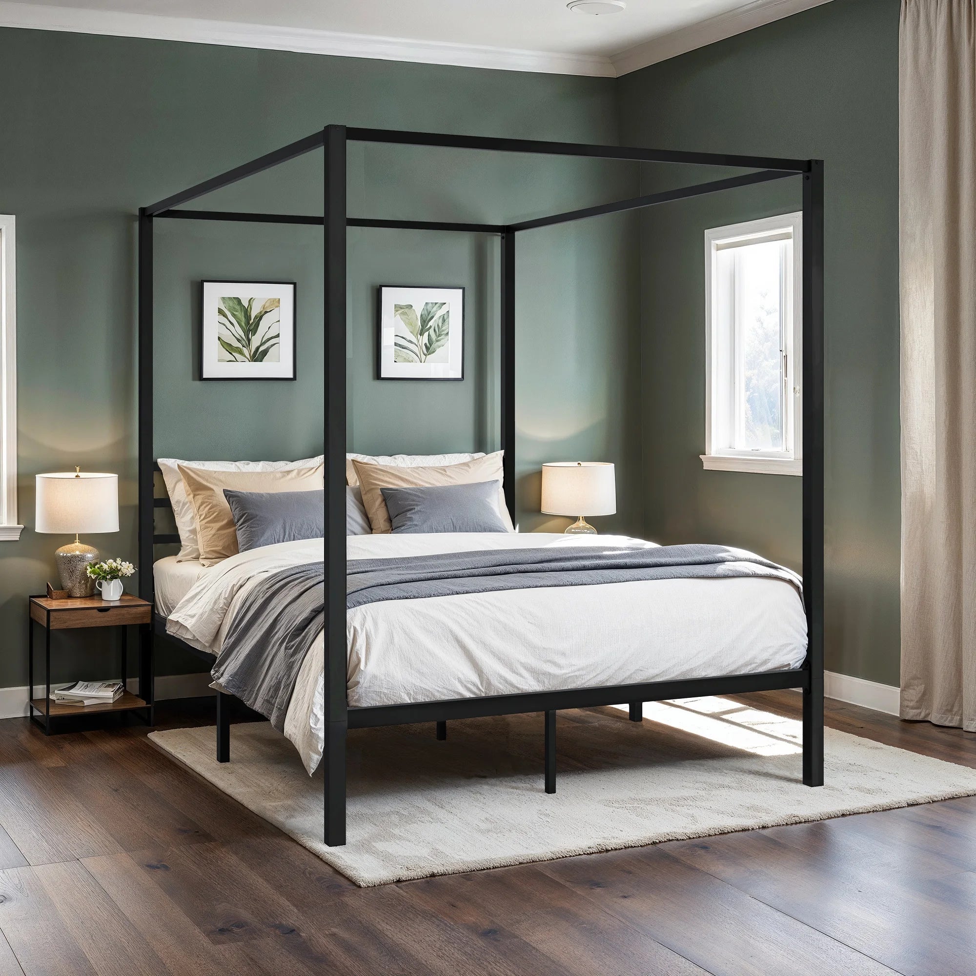 HOOMIC Canopy Bed Frame, 4-Poster, 3-Metal Crossbar,