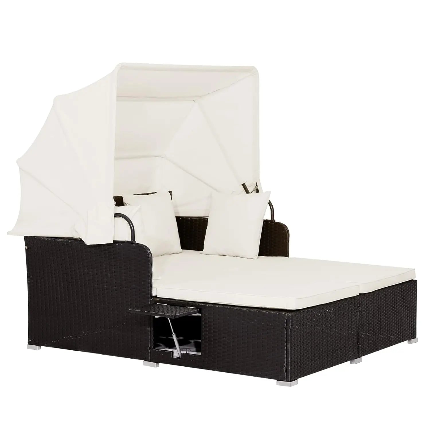 Outdoor Canopy Daybed Rattan Lounge w/Cushions & Pillows