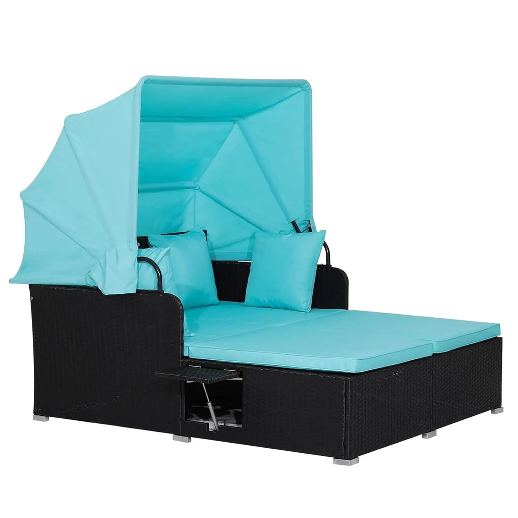 Outdoor Canopy Daybed Rattan Lounge w/Cushions & Pillows