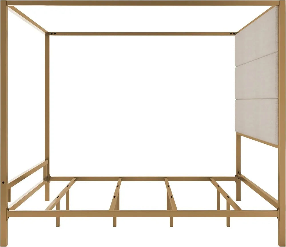 King Size Metal Canopy Bed Frame with Upholstered Headboard