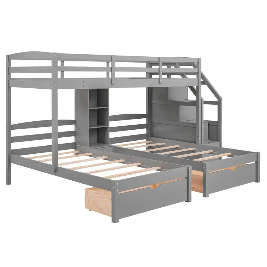 Triple Bunk Beds with Stairs and Storage Drawers