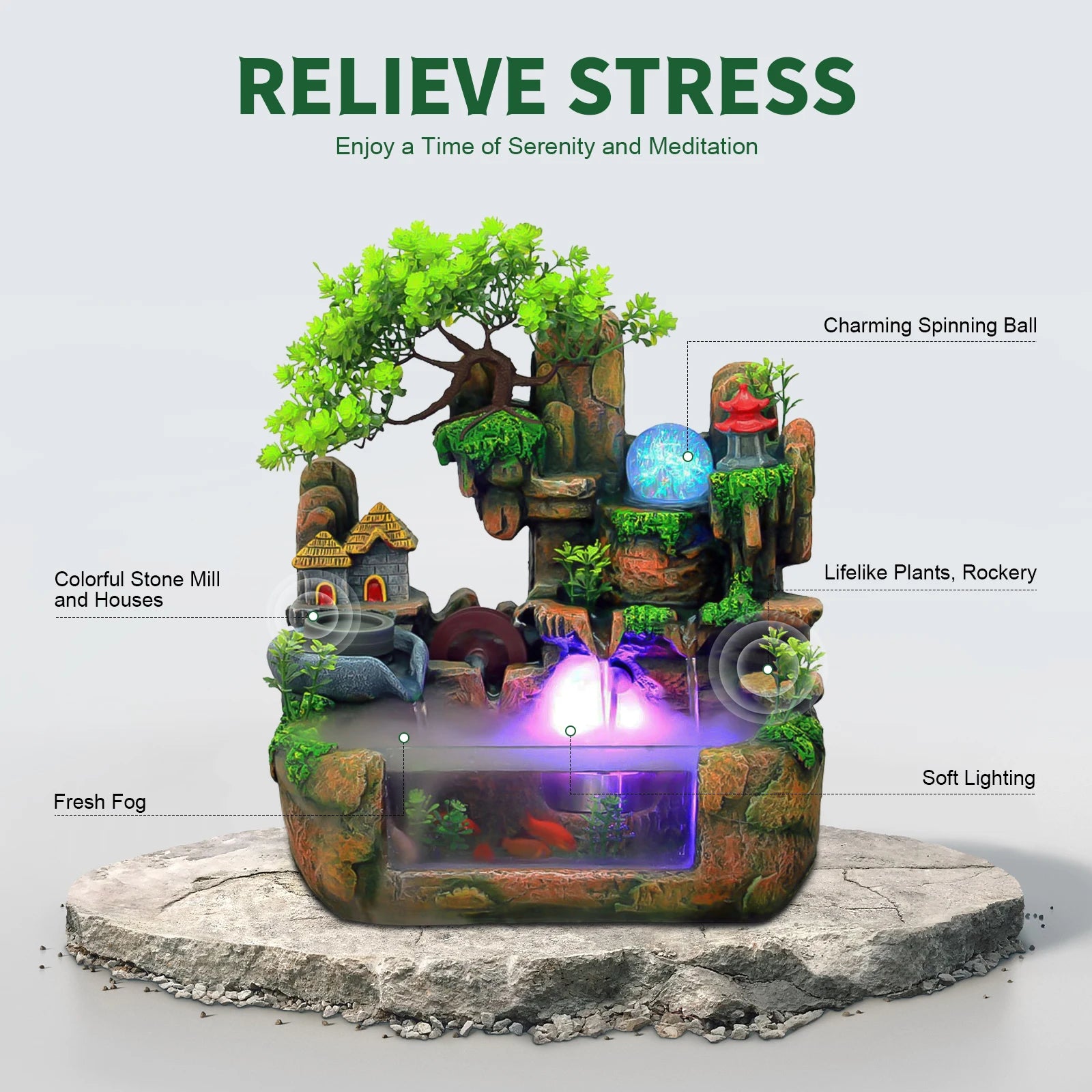 110V 3.5W Resin Tabletop Water Fountain, with Atomizer & Auto Pump, Led Illuminated Waterfall, Zen Décoration for Meditation