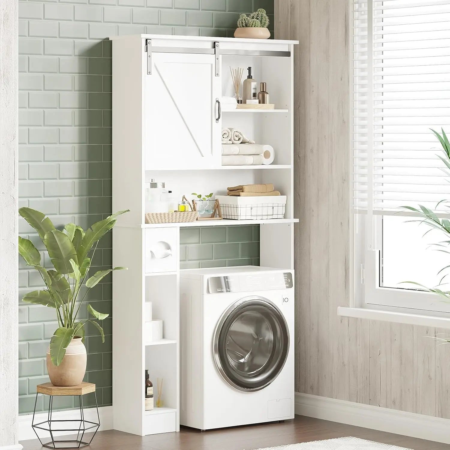 Bathroom Storage Cabinet-Above Toilet Organizer with Sliding Barn Door