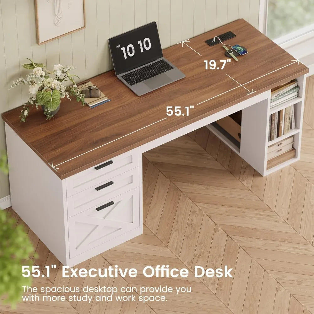 55.1" Farmhouse Desk w/ 3 Drawers, File Drawer & Shelves, Computer Desk w/ Power Outlet, White/Brown