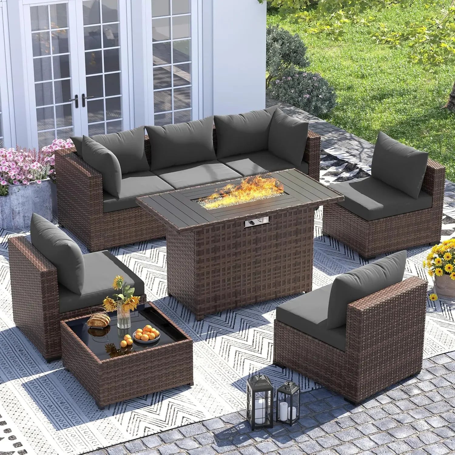 Furniture Set with Fire Pit Table, 8 Piece Sectional Sofas, All-Weather Wicker Conversation for Garden, Backyard,, Customized