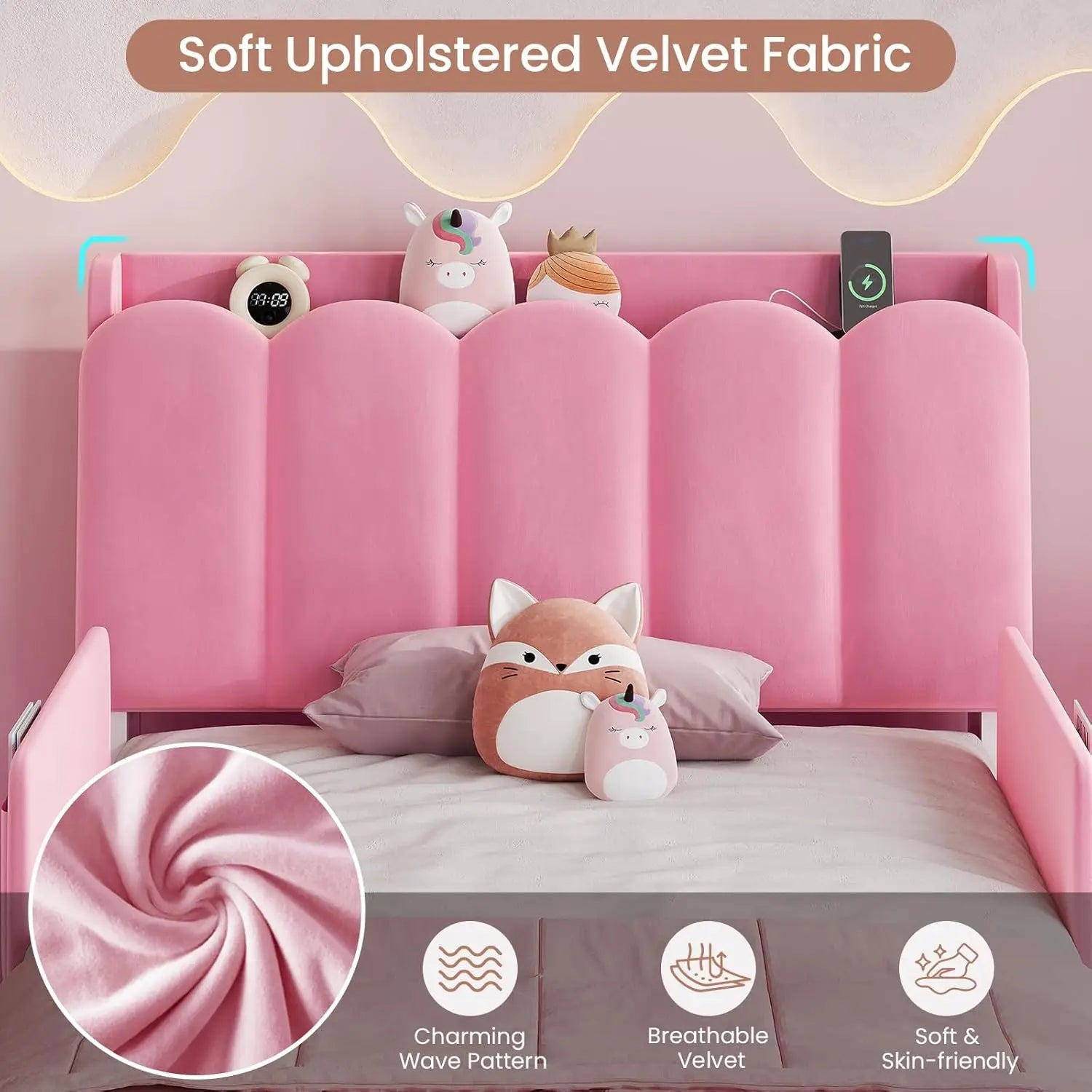 Twin Size Princess Bed Frame Storage Drawer Safety Guardrails Led Velvet Upholstered Platform Bed Girls Wavy Storage Headboard C