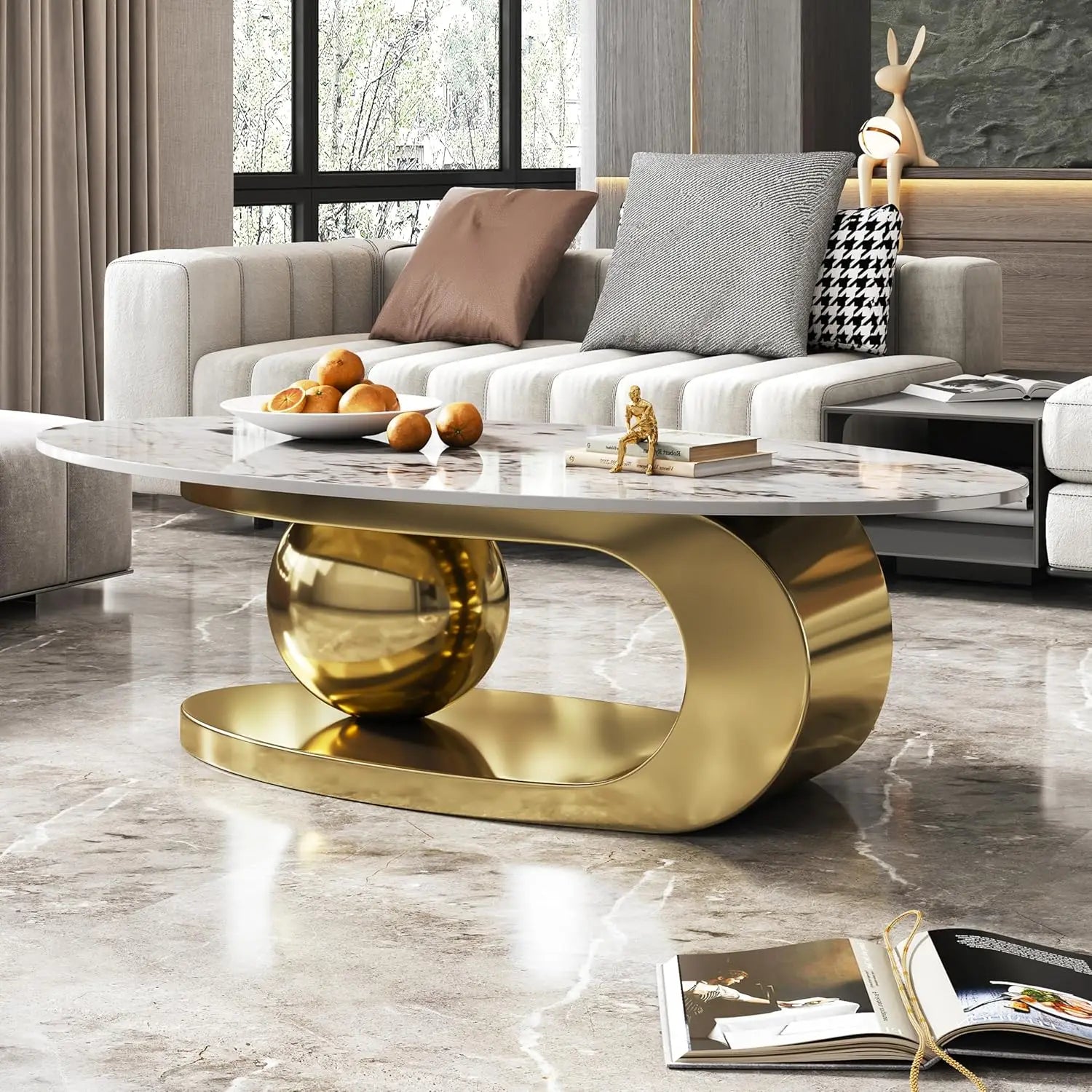 Modern Coffee Table with Silver Stainless Steel Pedestal
