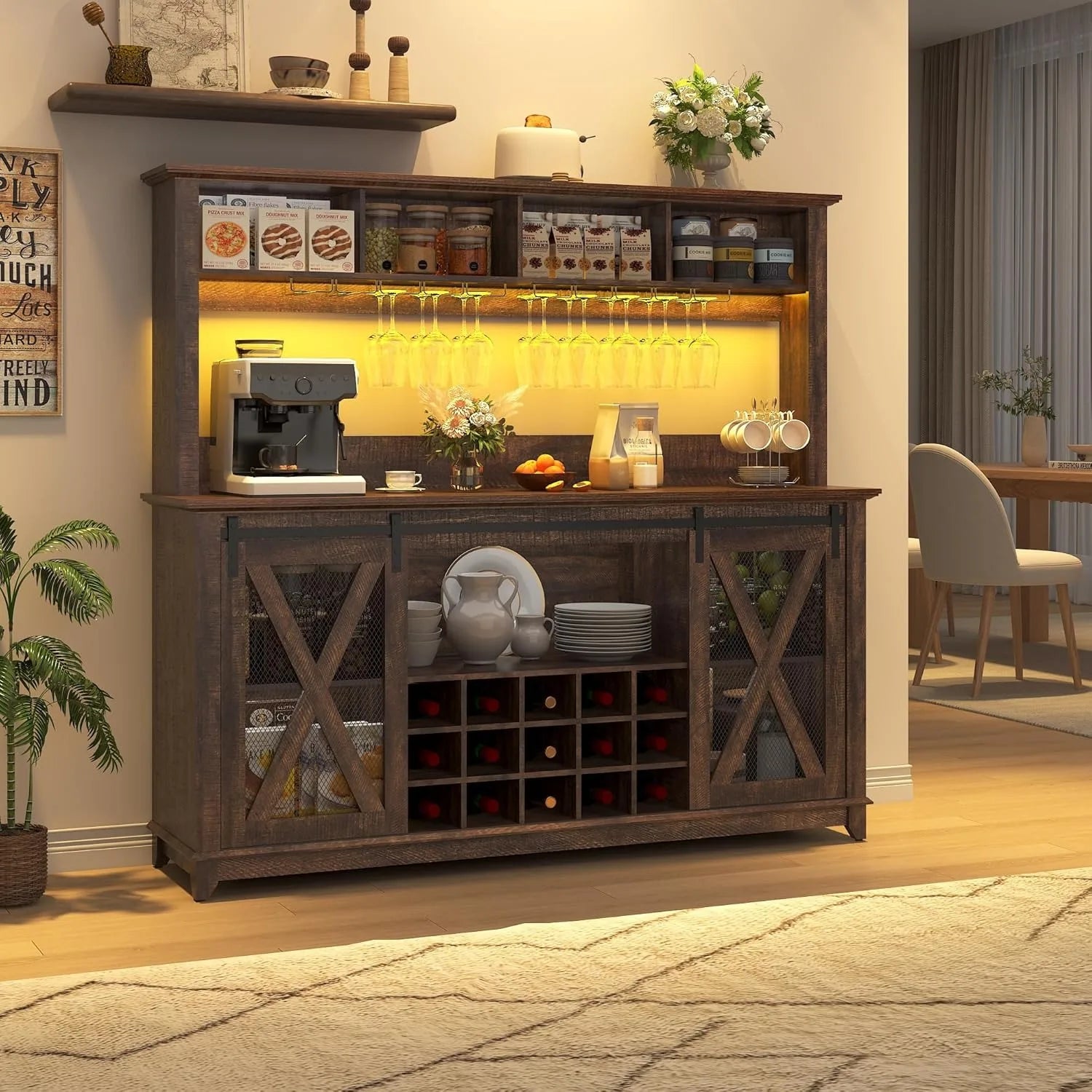 Farmhouse Coffee Wine Buffet Cabinet with LED