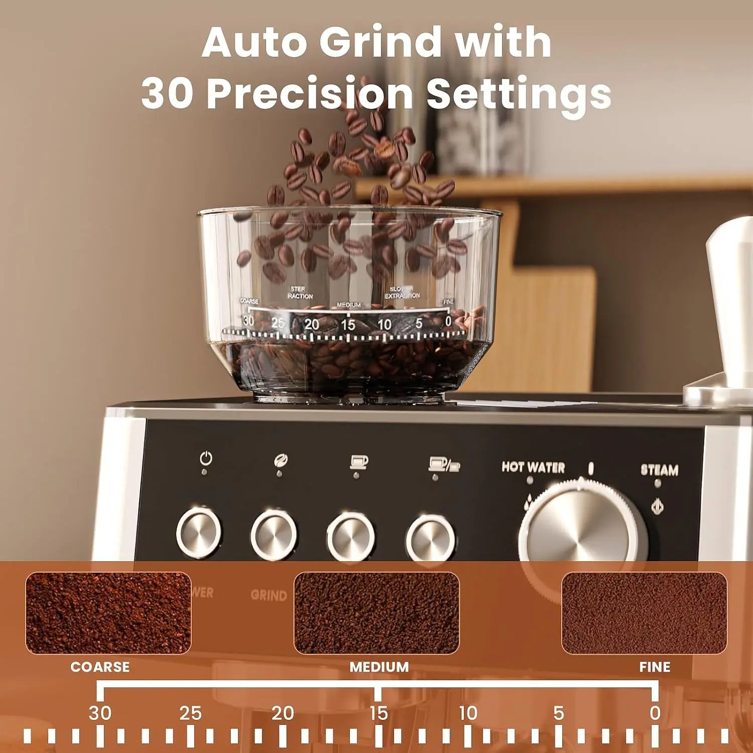 Espresso Coffee Machine with Grinder & Milk Frother Steam Wand,