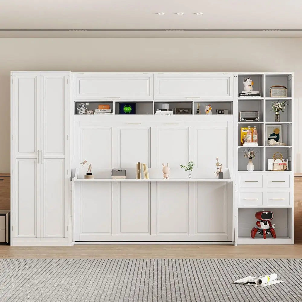Queen Size Horizontal Murphy Bed with Desk, Folding Murphy Bed Cabinet with Wardrobe Storage Drawers and Shelves, Hideaway Wall