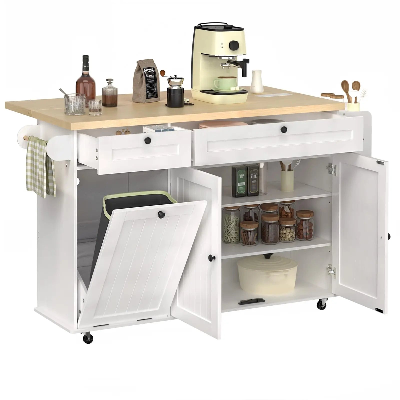 60" Mobile Kitchen Islands Table Drop Leaf with Power Outlet
