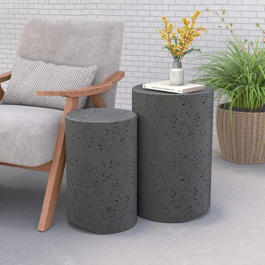 Concrete Outdoor Side Table, Set of 2 Round End Tables