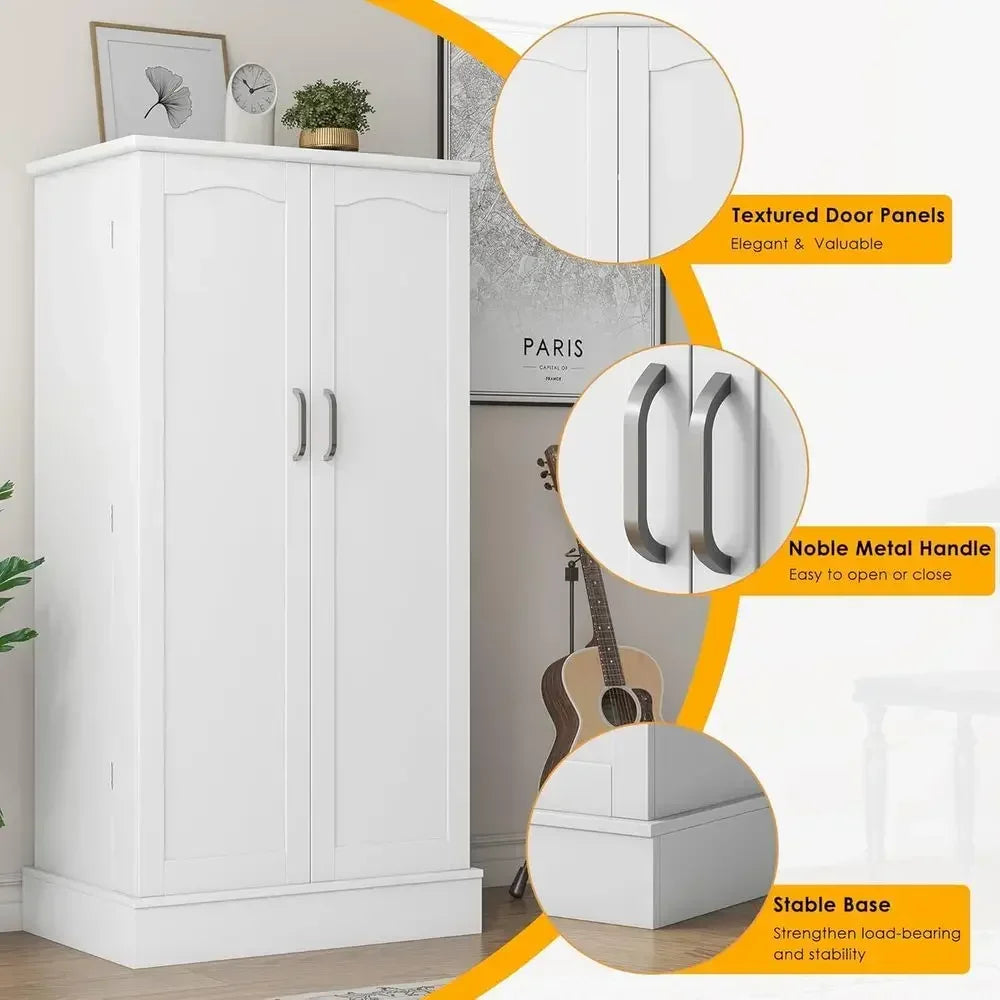White Freestanding Kitchen Pantry Cabinet with Adjustable Shelves