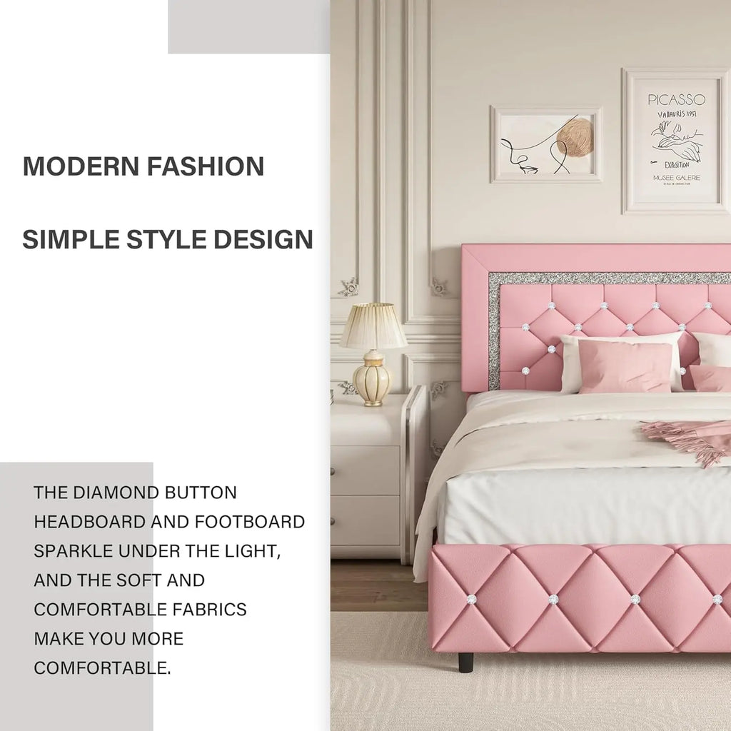 Pink Faux Leather Upholstered Twin Bed Frame with Headboard