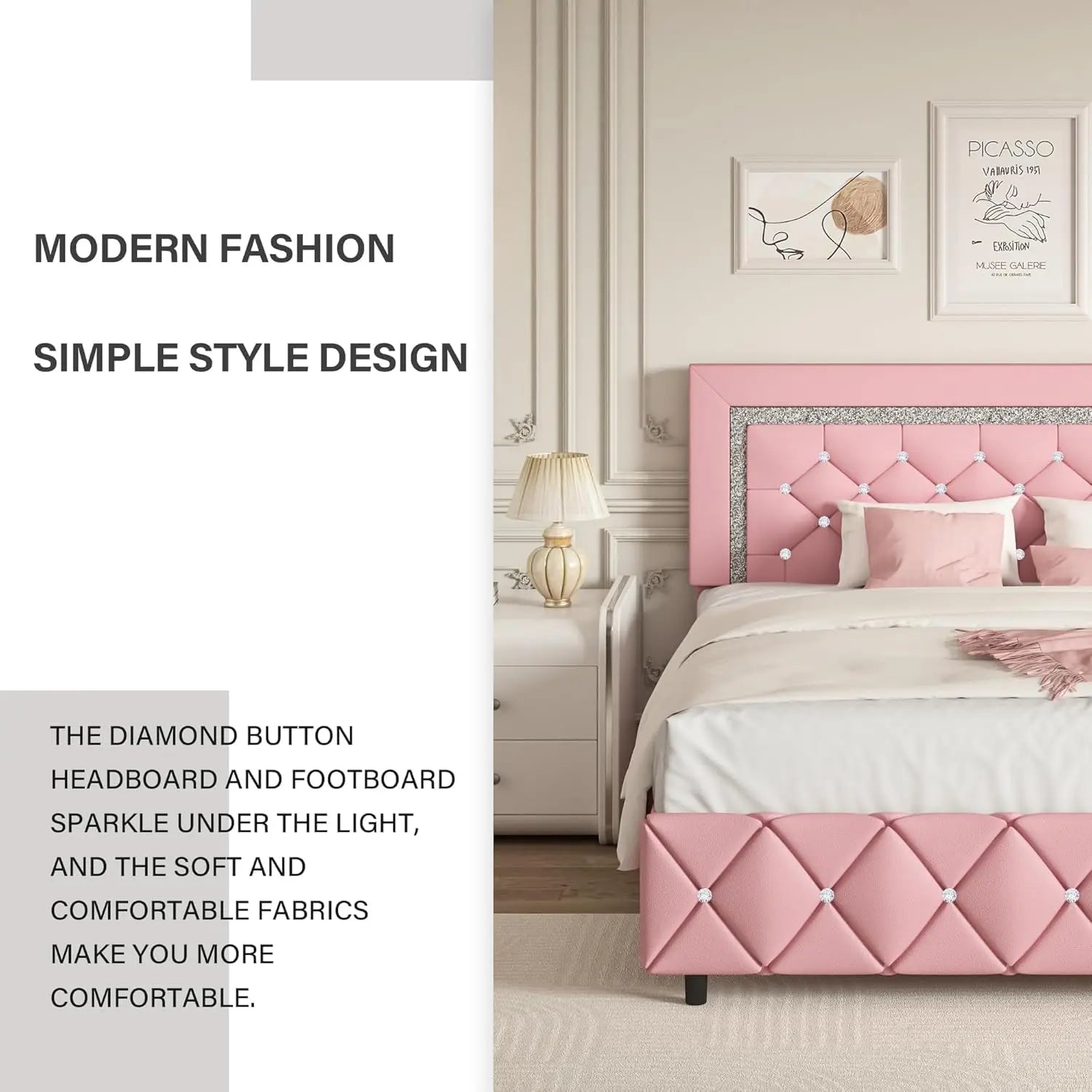Pink Faux Leather Upholstered Twin Bed Frame with Headboard
