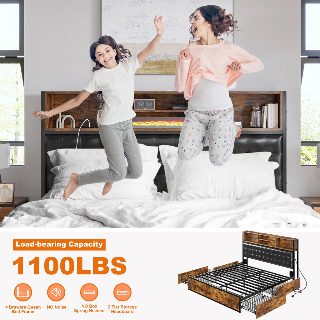 Full/Queen/King Bed Frame 4 Storage Drawers