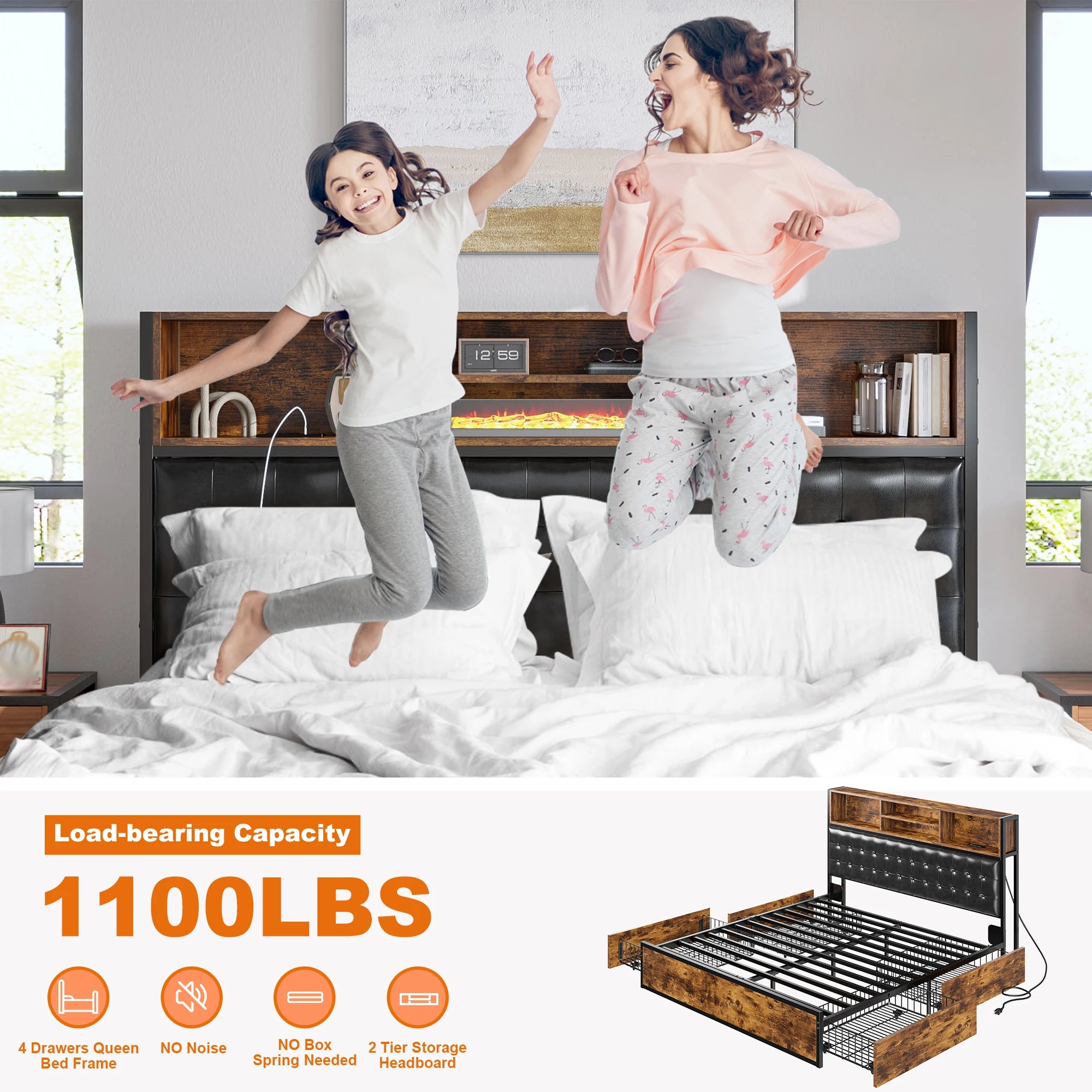 Full/Queen/King Bed Frame 4 Storage Drawers