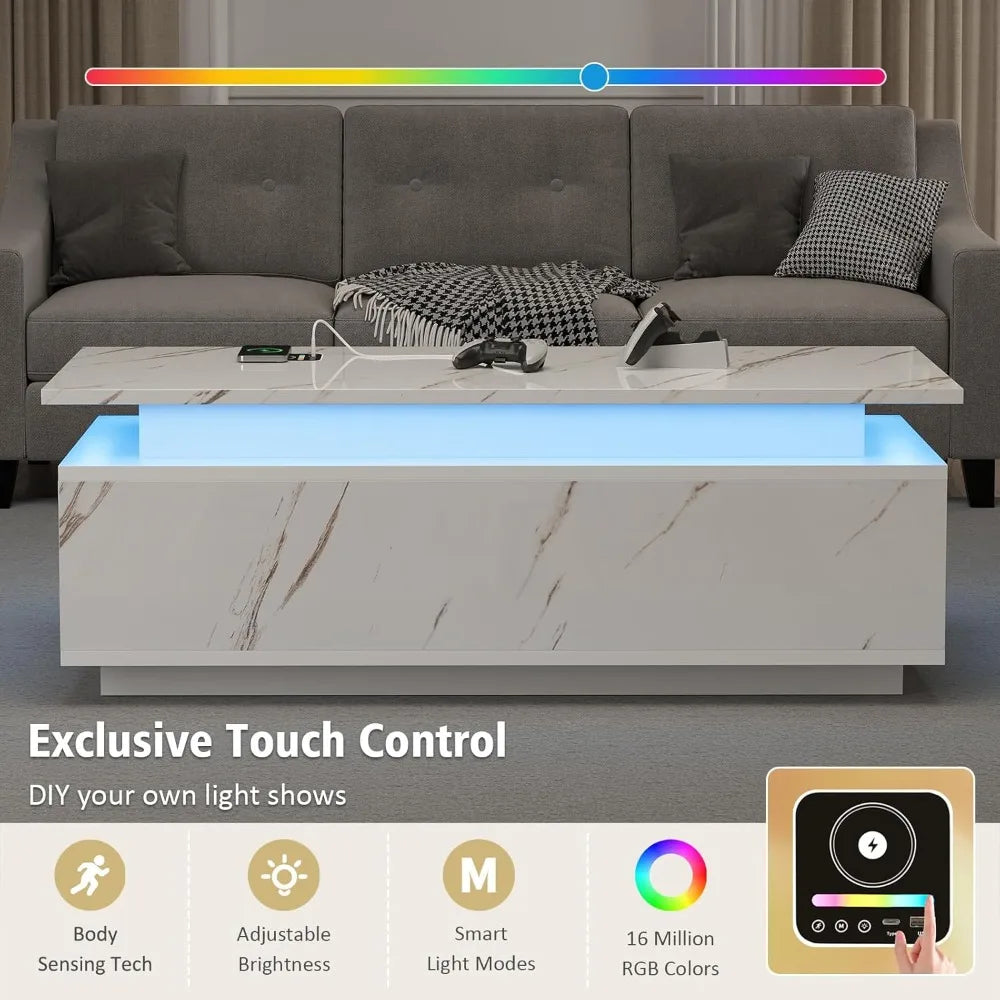 Smart LED Coffee Table ,Wireless Charging, Bluetooth Speaker & Storage