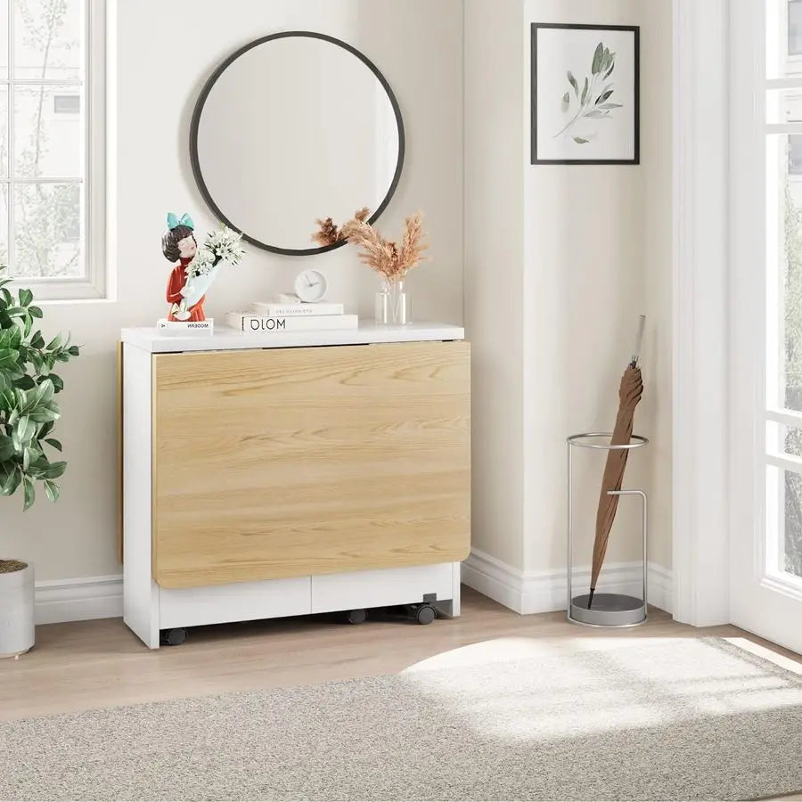 Folding Dining Table, Space Saving, Storage Shelf, 6 Wheels