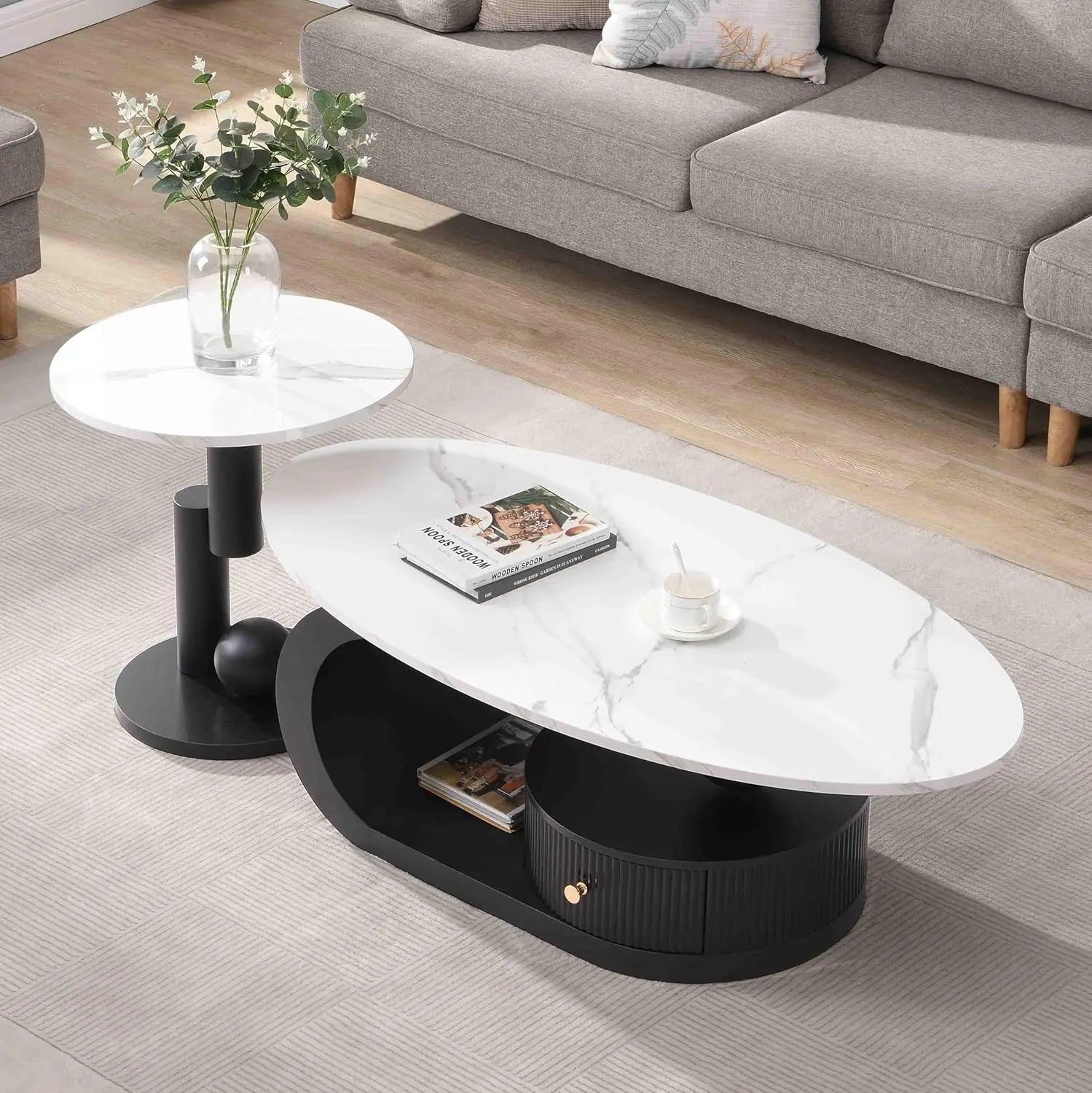 Modern Coffee Table with Silver Stainless Steel Pedestal