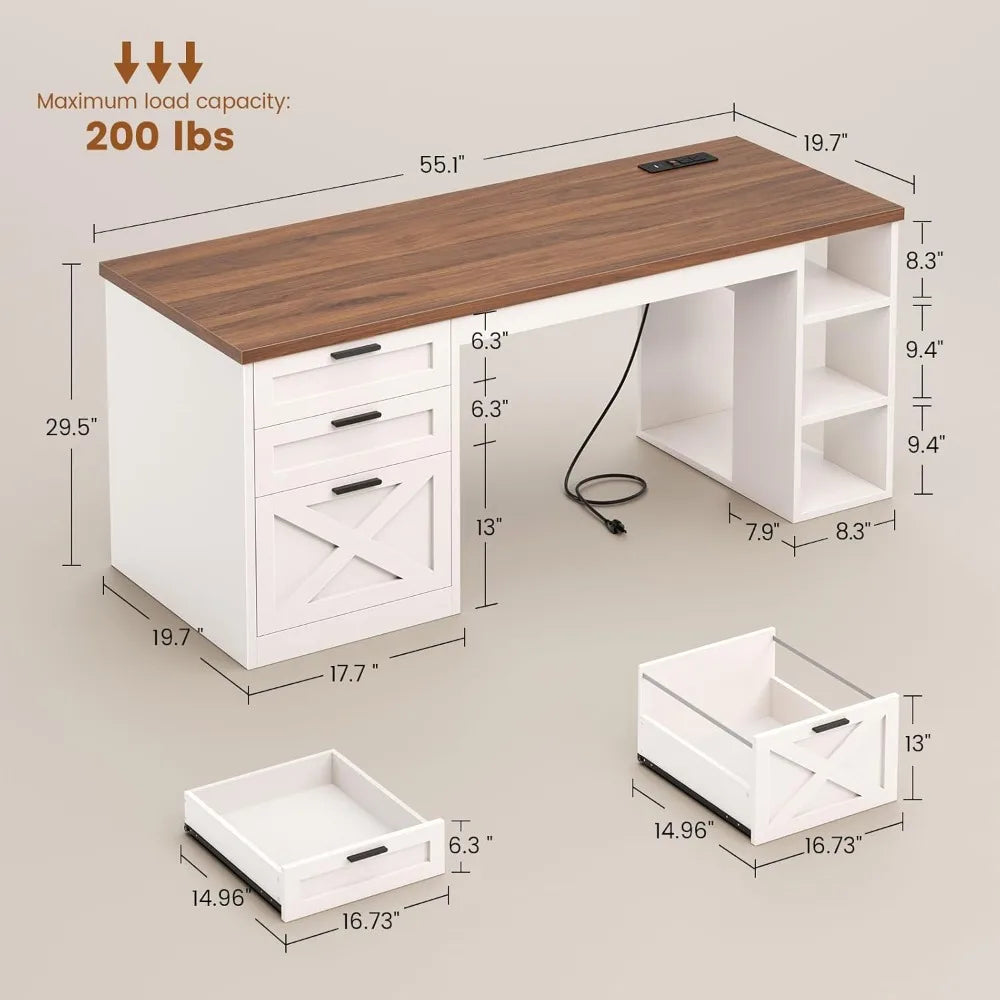 55.1" Farmhouse Desk w/ 3 Drawers, File Drawer & Shelves, Computer Desk w/ Power Outlet, White/Brown