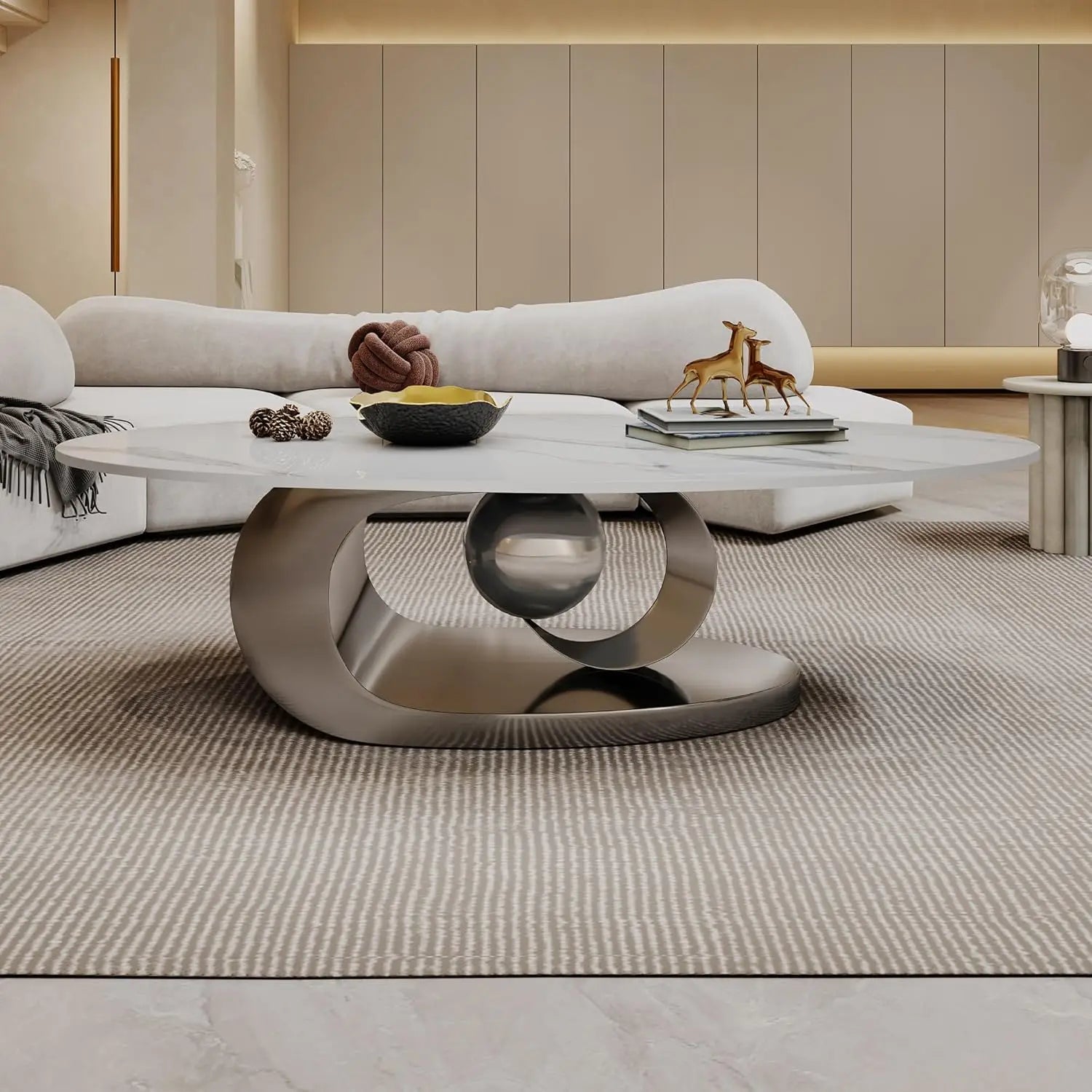 Modern Coffee Table with Silver Stainless Steel Pedestal