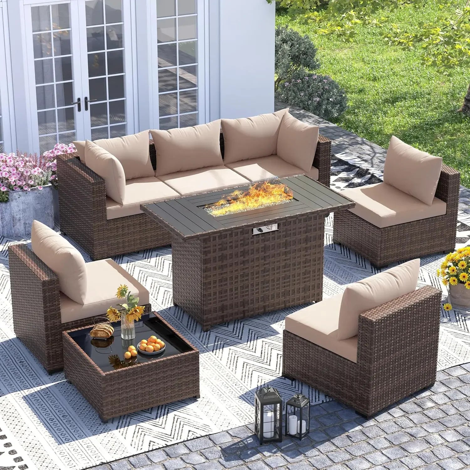 Furniture Set with Fire Pit Table, 8 Piece Sectional Sofas, All-Weather Wicker Conversation for Garden, Backyard,, Customized