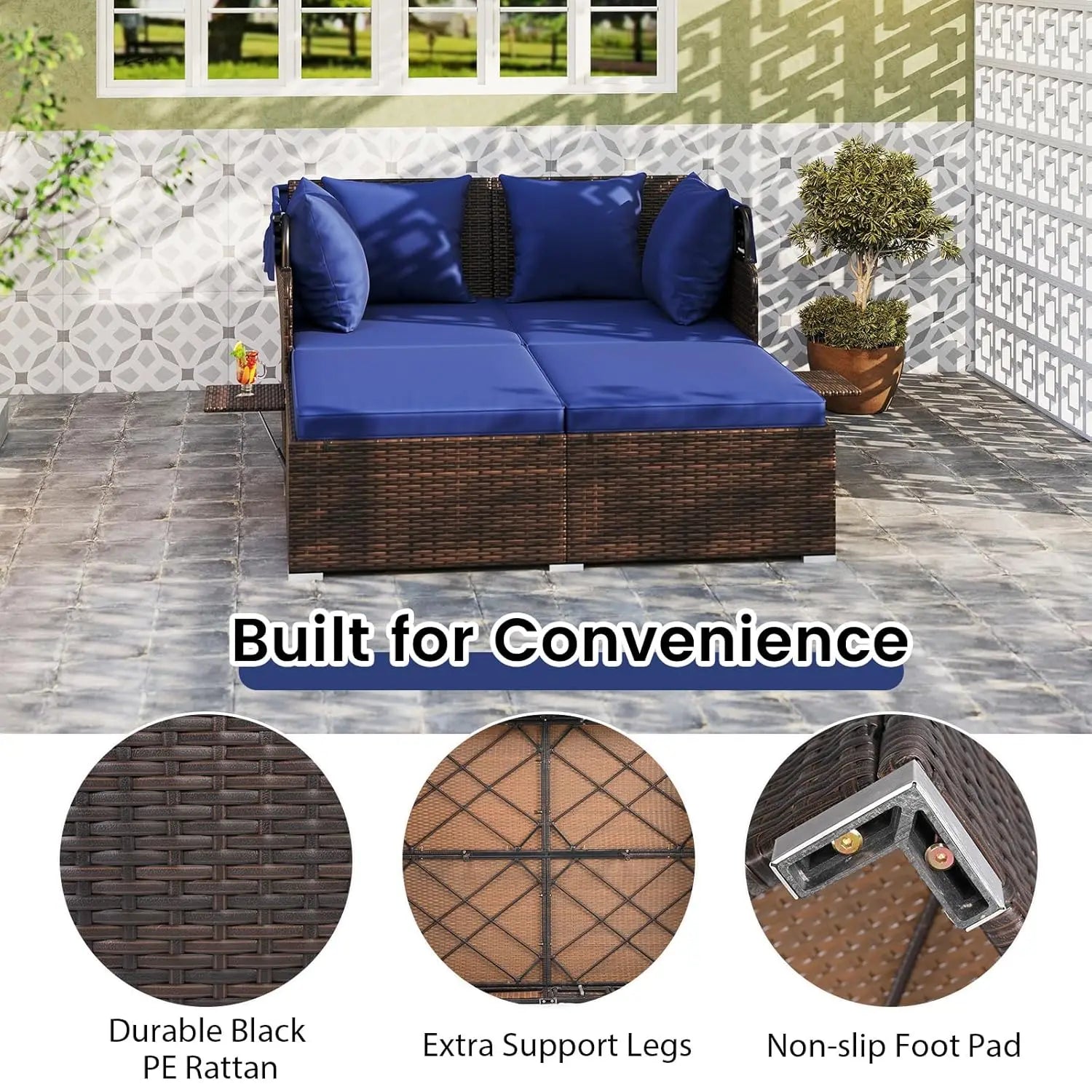 Outdoor Canopy Daybed Rattan Lounge w/Cushions & Pillows
