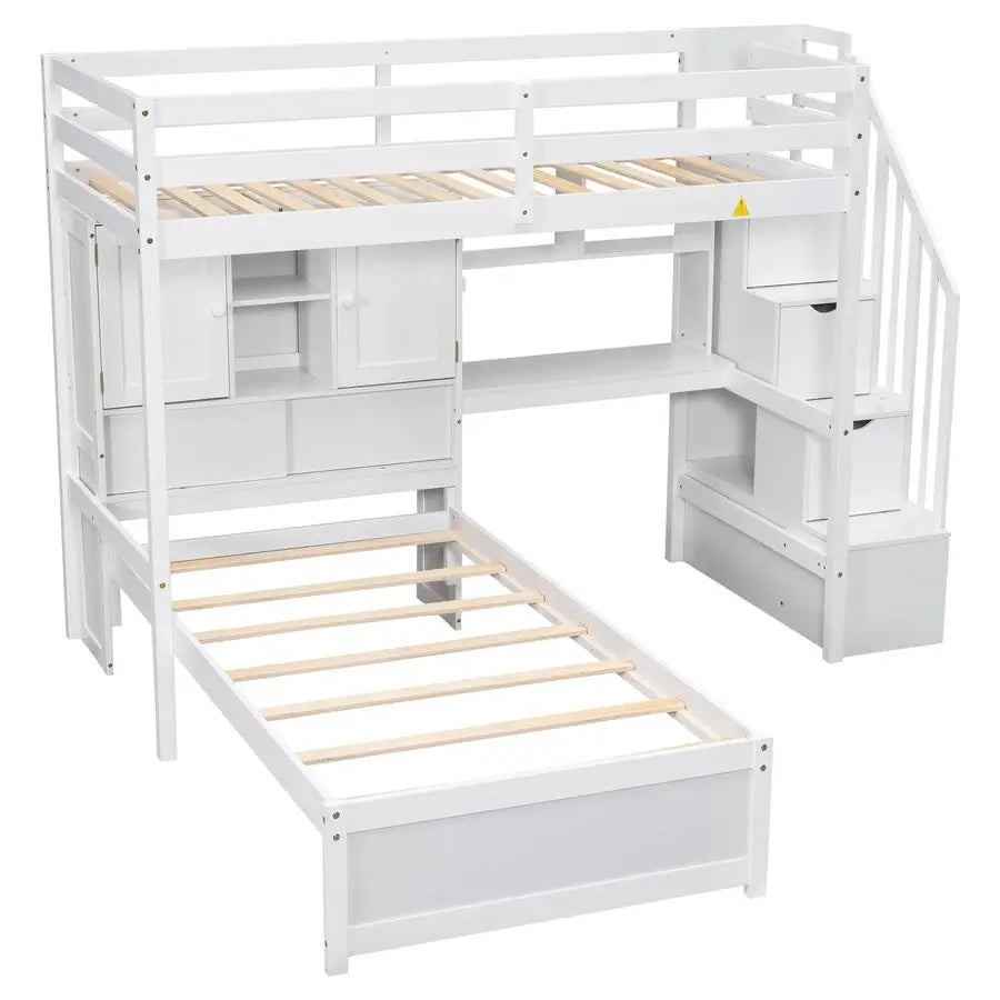 Bunk Bed Twin Over Twin with Desk Storage Compartments Shelves,
