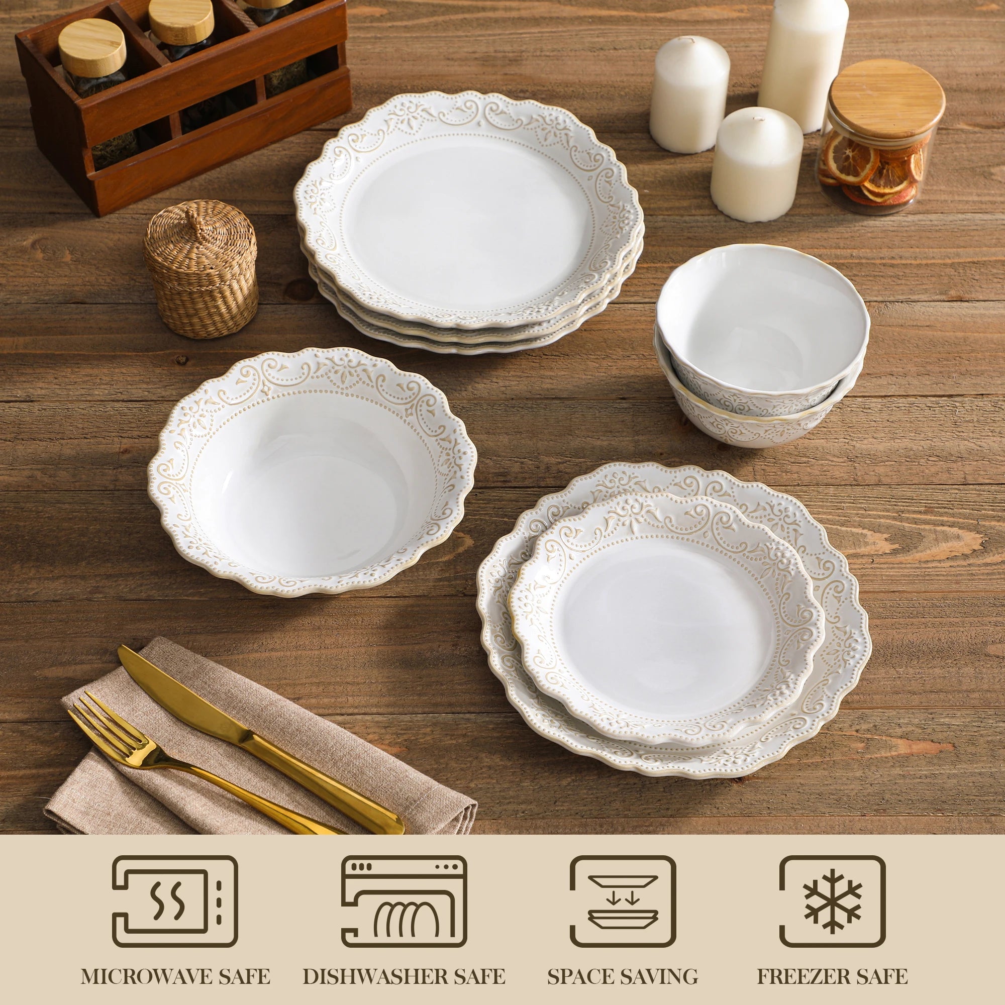 16/32 Piece Plates White Stoneware Dinnerware Set