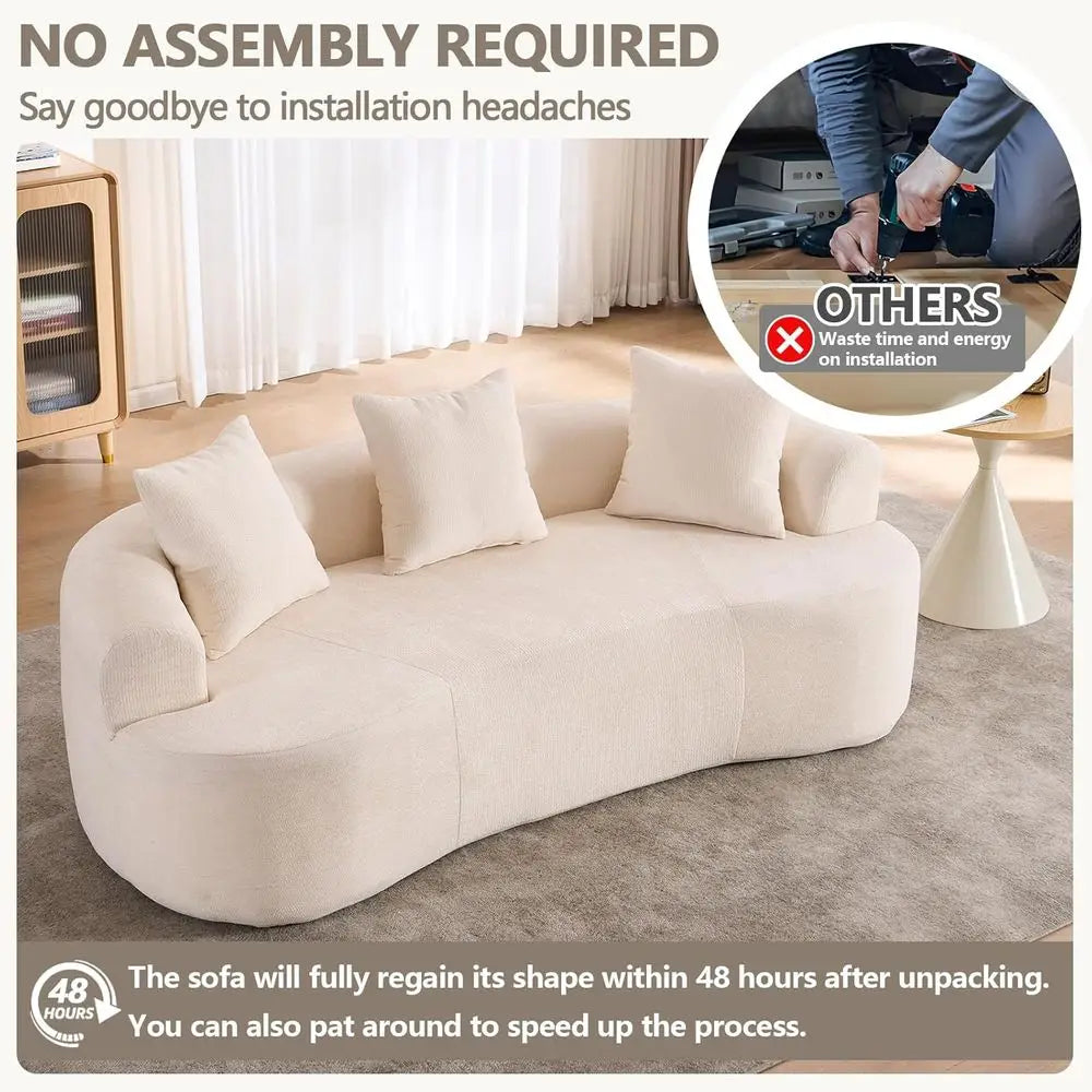 Beige Curved Loveseat Sofa with 3 Throw Pillows