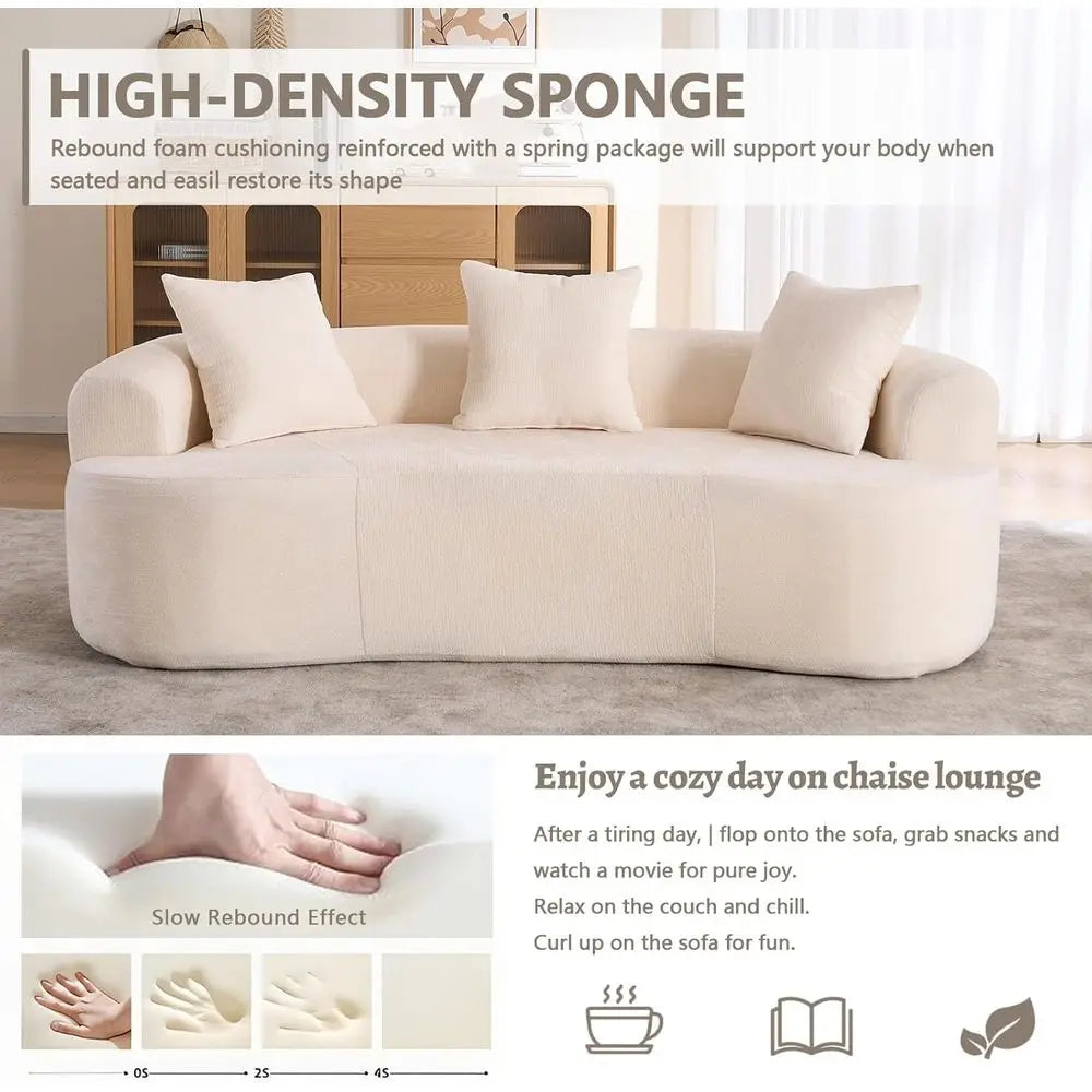 Beige Curved Loveseat Sofa with 3 Throw Pillows