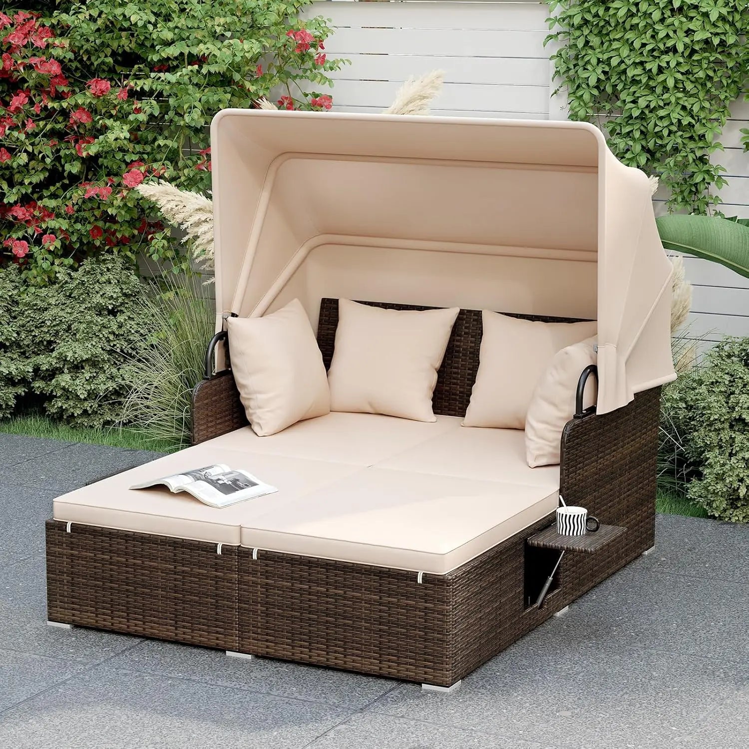 Outdoor Canopy Daybed Rattan Lounge w/Cushions & Pillows