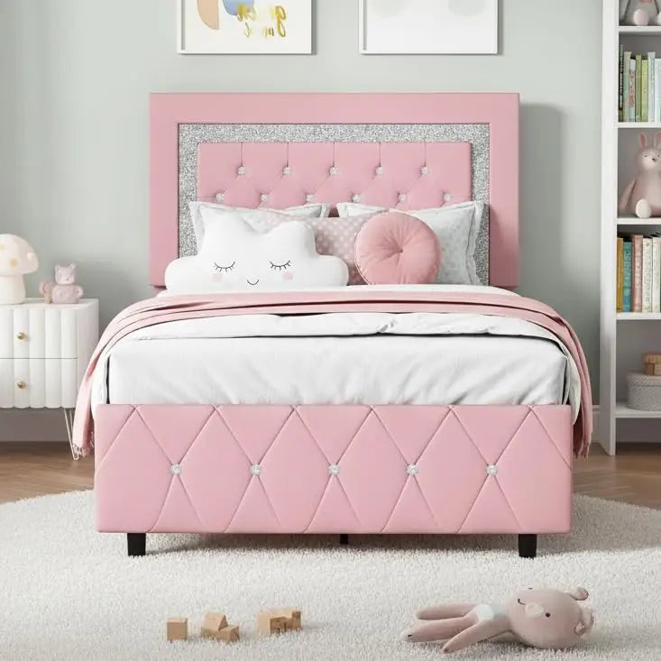 Pink Faux Leather Upholstered Twin Bed Frame with Headboard