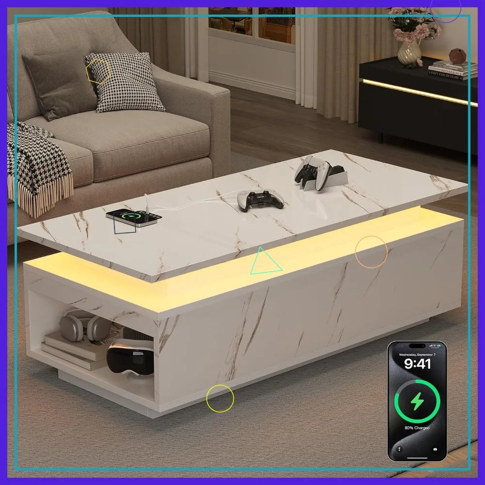 Smart LED Coffee Table ,Wireless Charging, Bluetooth Speaker & Storage