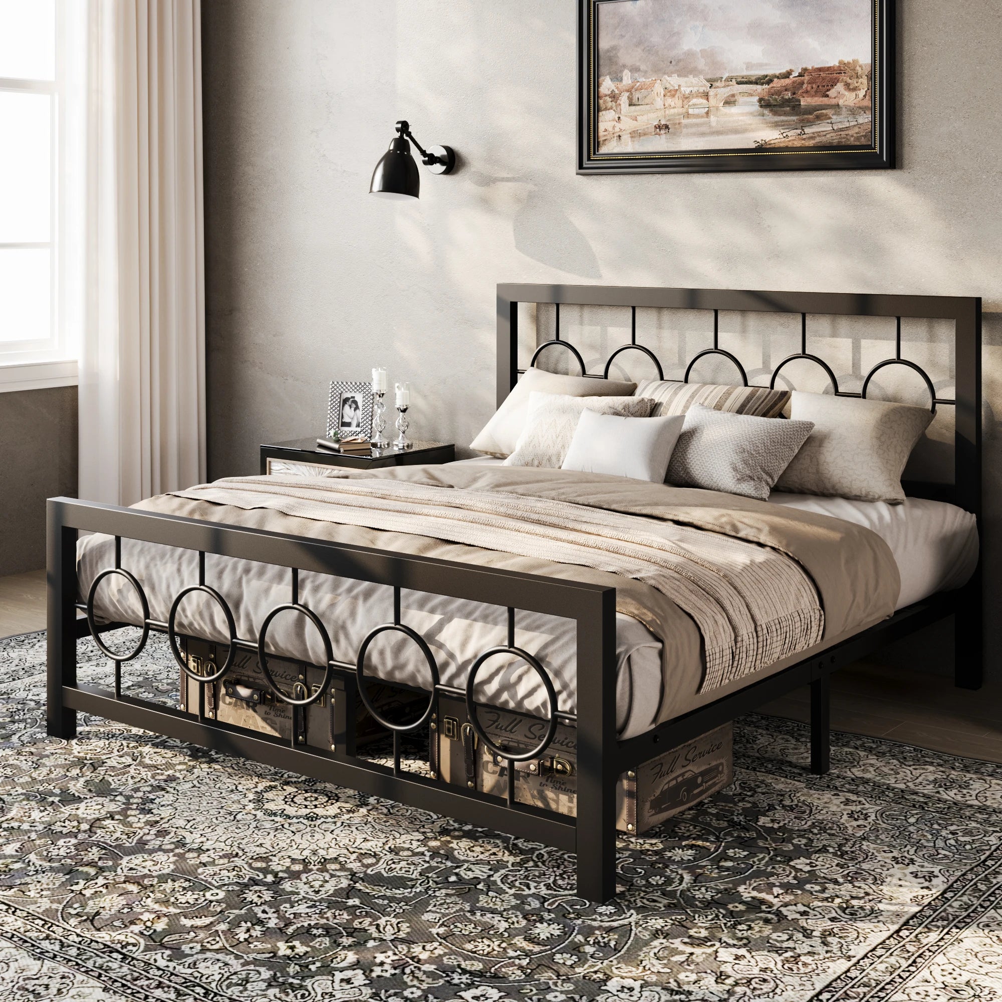 Metal Platform Bed Frame with Vintage Circular Design
